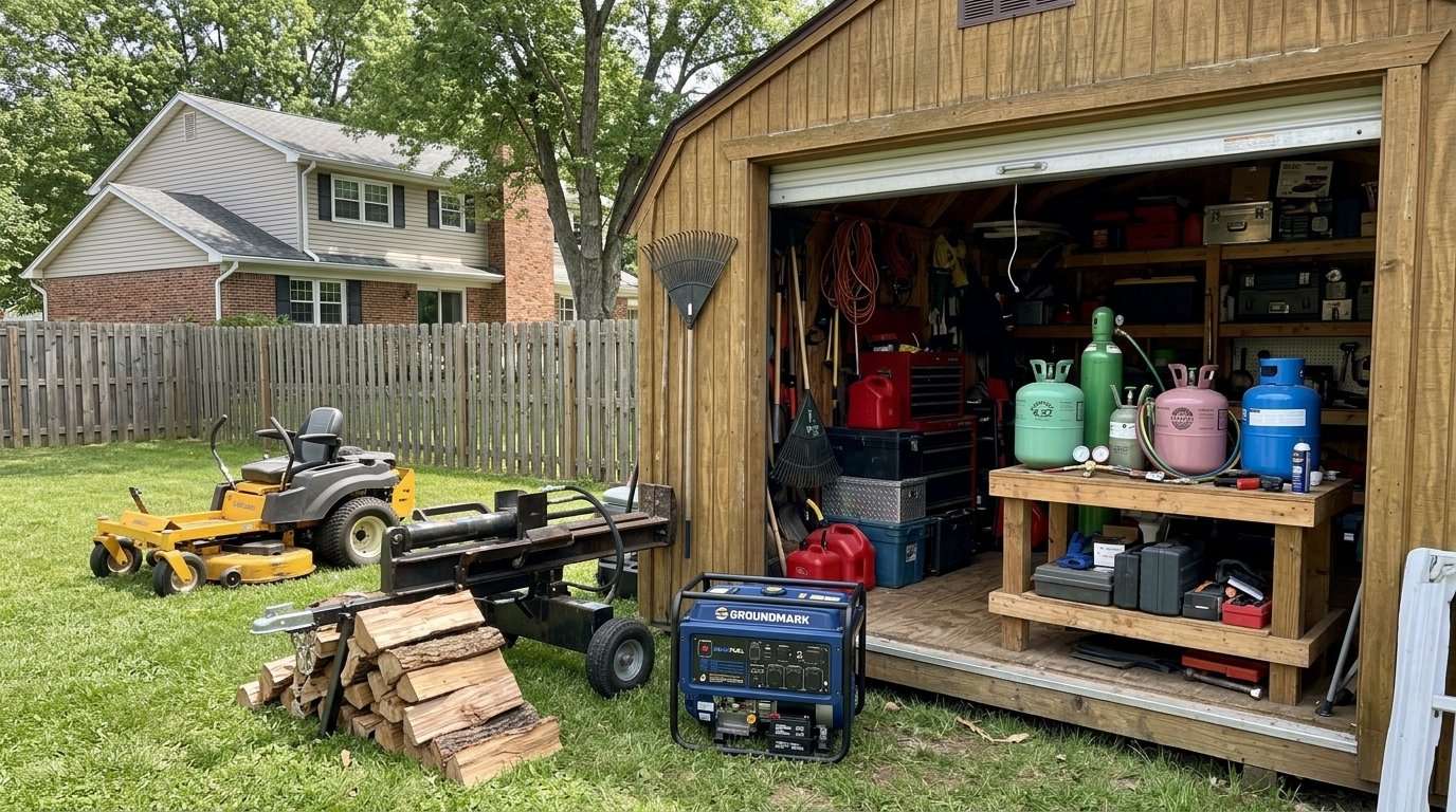 Generator, log splitter, mower, and refrigerant cylinders beside a backyard shed